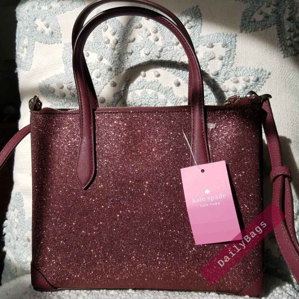 SHIMMY GLITTER IN DEEP NOVA SATCHEL KATE SPADE CROSSBODY BURGUNDY SPARKLES SUN - Picture 8 of 10